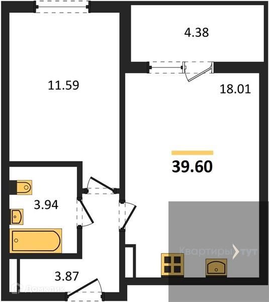 Продаётся 1-комнатная квартира, 39.6 м²