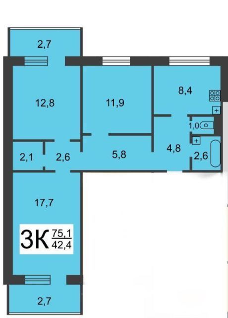 Продаётся 3-комнатная квартира, 69.6 м²