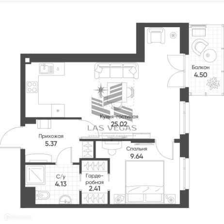Продаётся 2-комнатная квартира, 46.85 м²