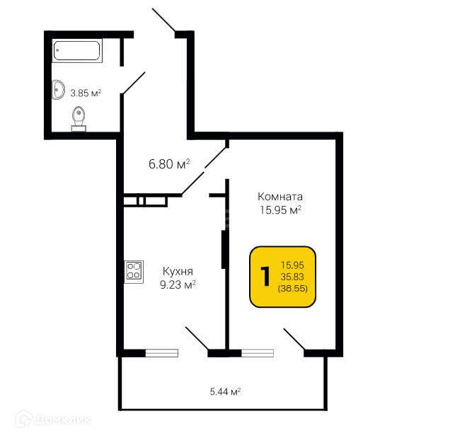 Продаётся 1-комнатная квартира, 38.55 м²