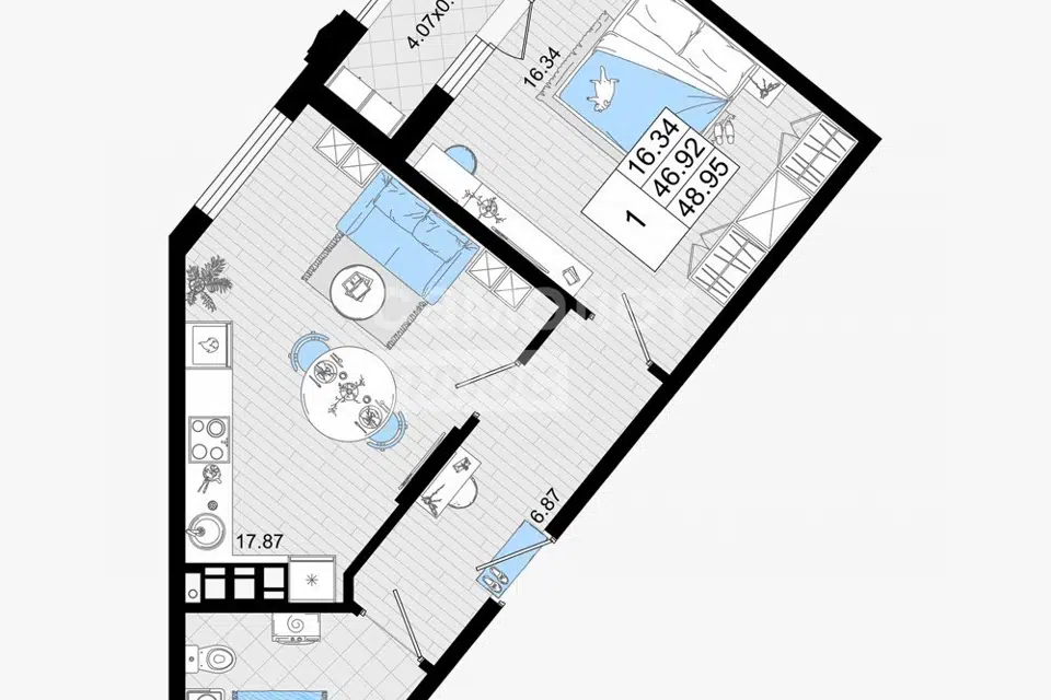 Продаётся 1-комнатная квартира, 48.95 м²