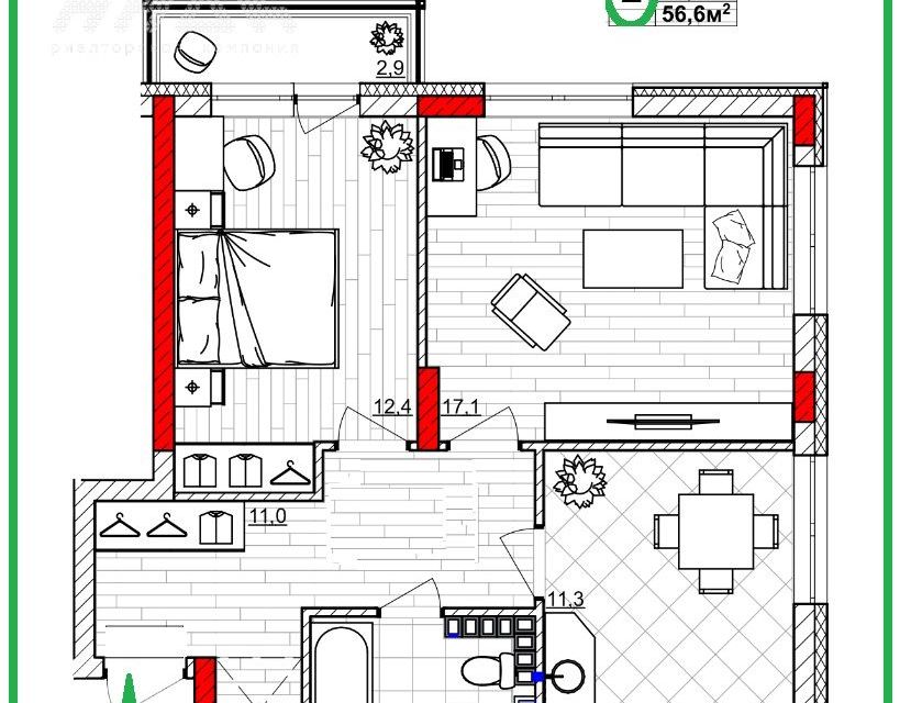 Продаётся 2-комнатная квартира, 56.6 м²