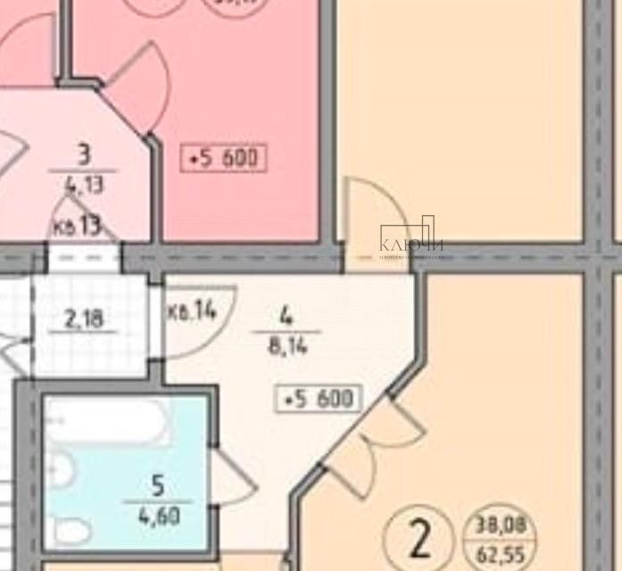 Продаётся 2-комнатная квартира, 62.55 м²