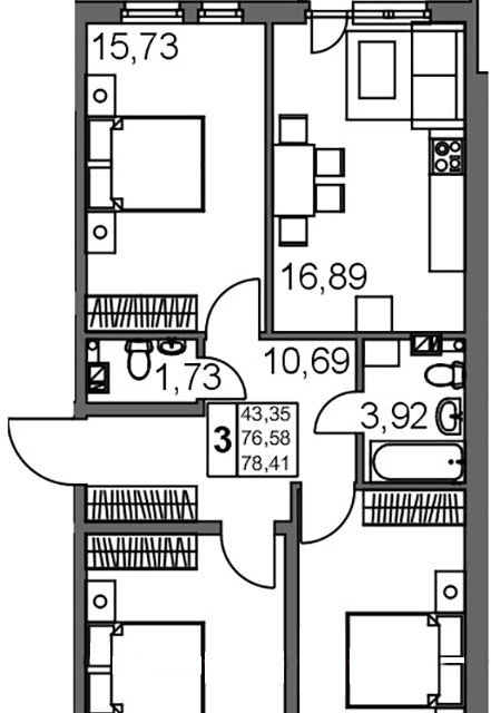 Продаётся 3-комнатная квартира, 79.7 м²