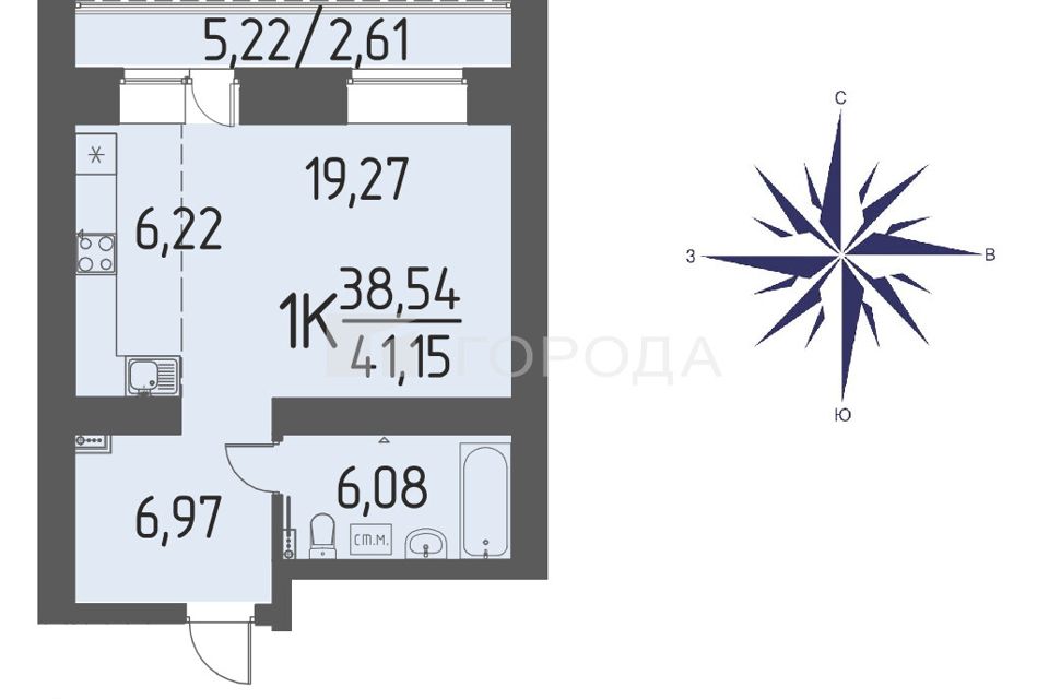 Продаётся 1-комнатная квартира, 41.15 м²