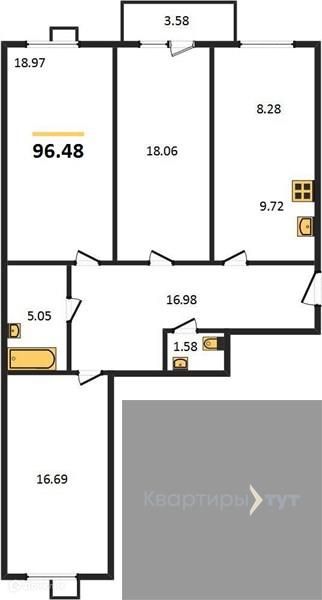 Продаётся 3-комнатная квартира, 96.48 м²