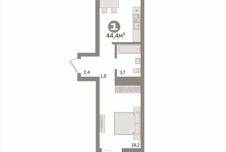 Продаётся 1-комнатная квартира, 44.4 м²