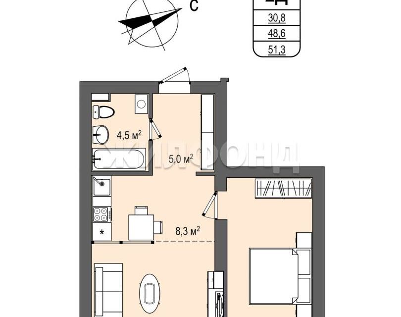 Продаётся 2-комнатная квартира, 51.2 м²
