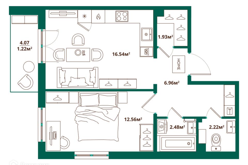 Продаётся 1-комнатная квартира, 43.91 м²