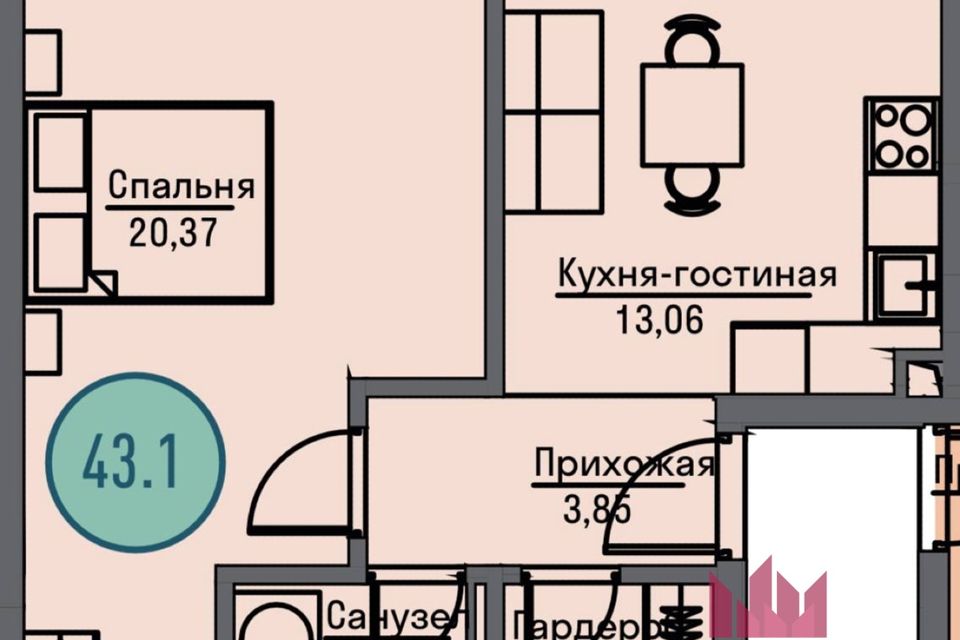 Продаётся 1-комнатная квартира, 43 м²