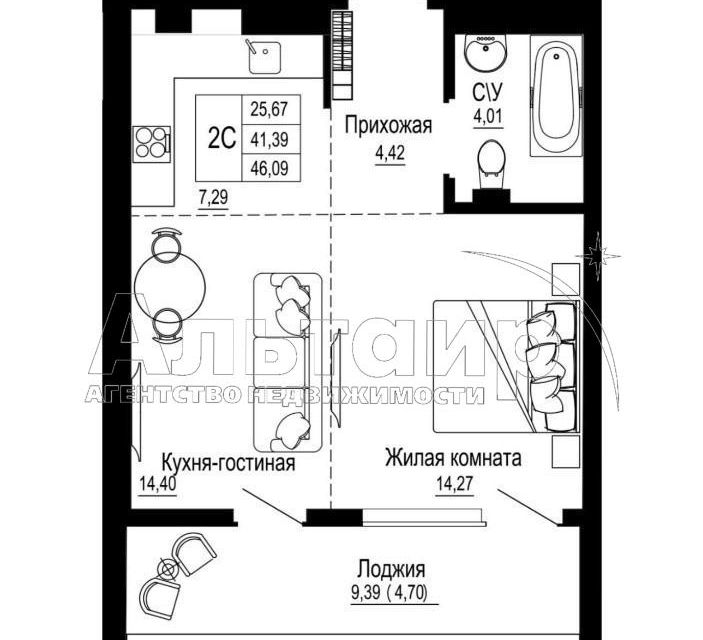 Продаётся 1-комнатная квартира, 46 м²