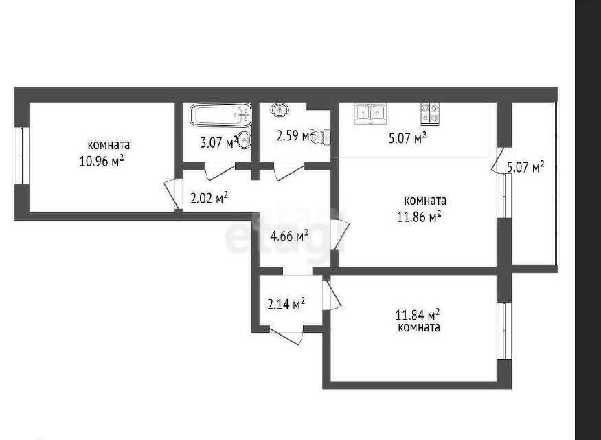 Продаётся 2-комнатная квартира, 54.3 м²