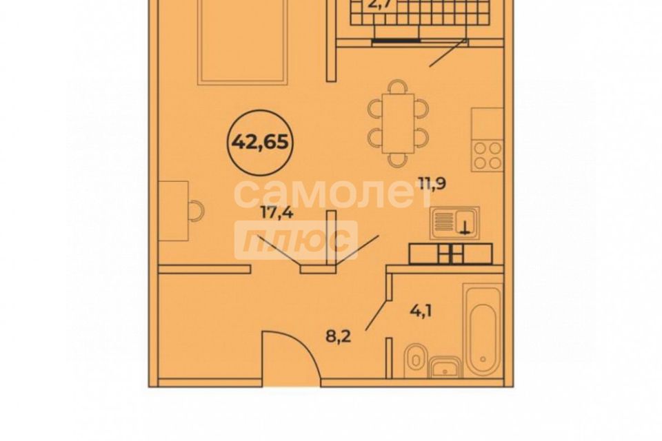 Продаётся 1-комнатная квартира, 42.65 м²