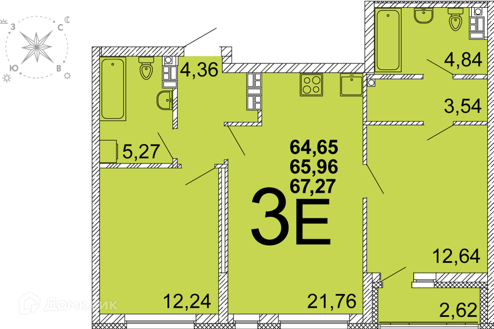 Продаётся 2-комнатная квартира, 65.2 м²