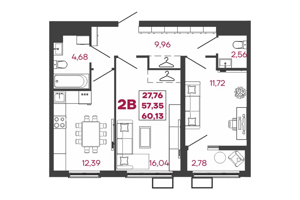 Продаётся 2-комнатная квартира, 60.13 м²