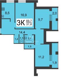 Продаётся 3-комнатная квартира, 69.7 м²