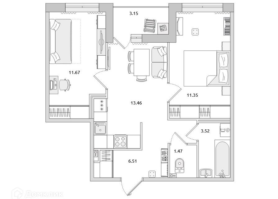 Продаётся 2-комнатная квартира, 51.13 м²