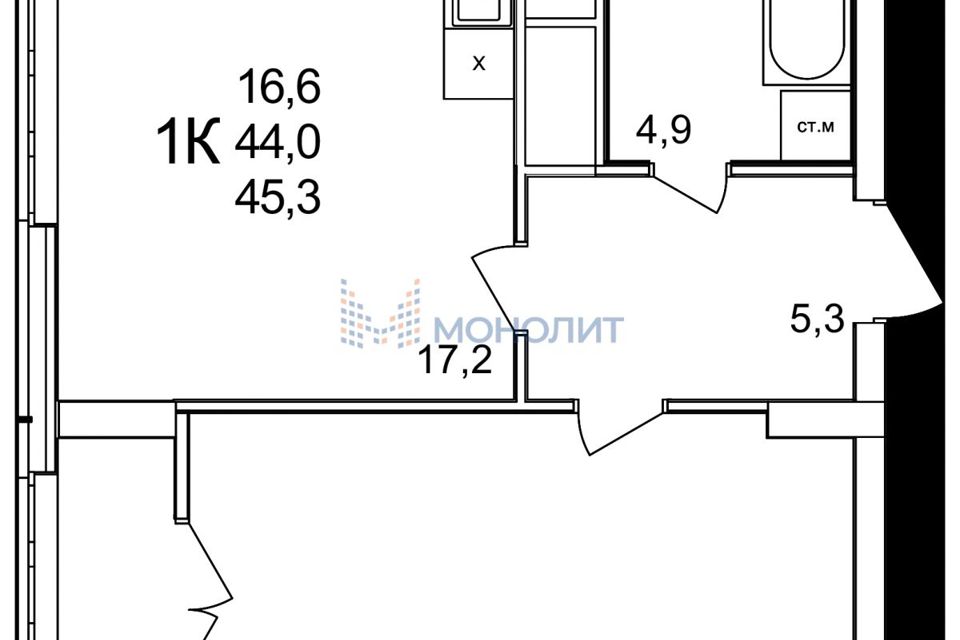 Продаётся 1-комнатная квартира, 45.3 м²