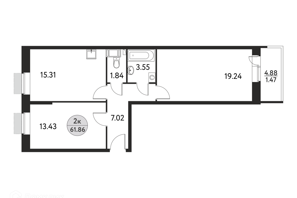 Продаётся 2-комнатная квартира, 61.86 м²