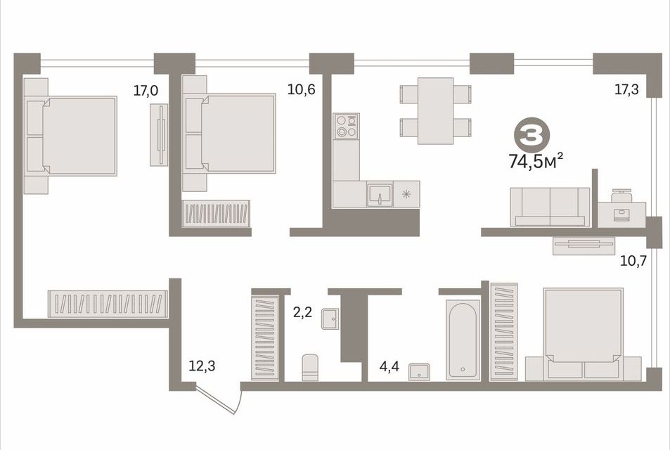 Продаётся 3-комнатная квартира, 74.5 м²