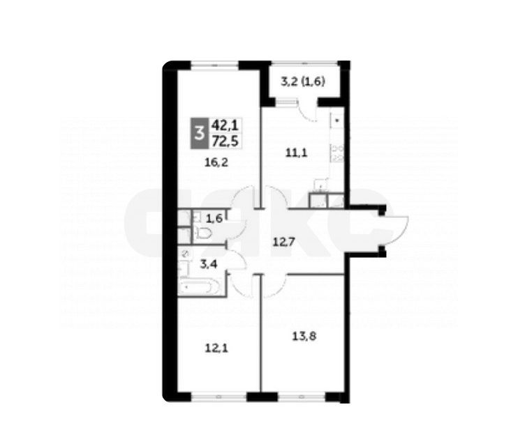 Продаётся 3-комнатная квартира, 72.5 м²