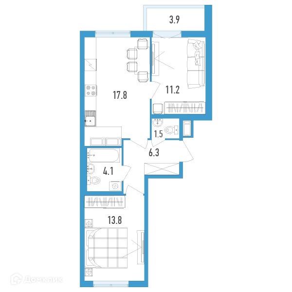 Продаётся 2-комнатная квартира, 56.7 м²