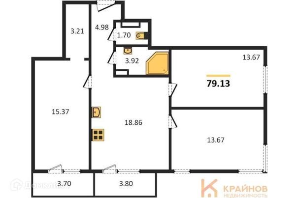 Продаётся 3-комнатная квартира, 79.13 м²