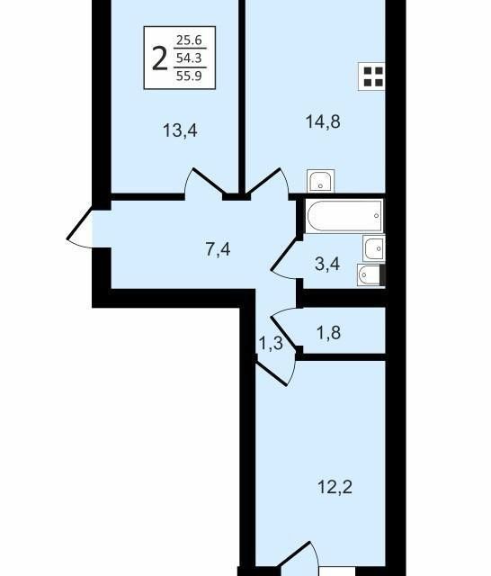 Продаётся 2-комнатная квартира, 55.9 м²