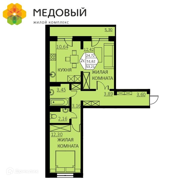 Продаётся 2-комнатная квартира, 51.3 м²