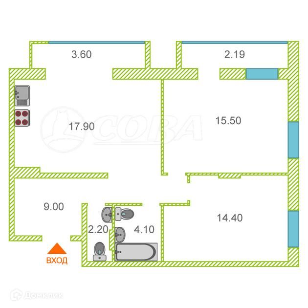Продаётся 2-комнатная квартира, 66 м²