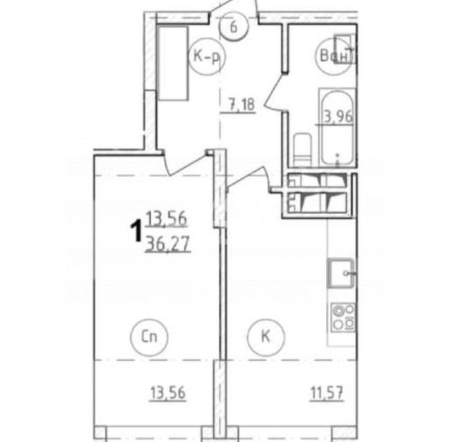 Продаётся 1-комнатная квартира, 36.26 м²