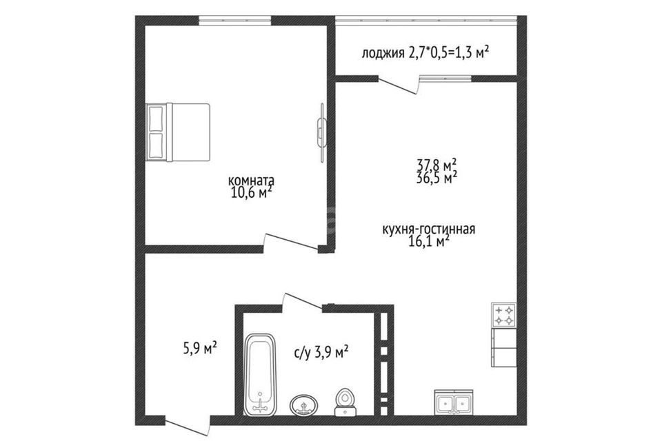 Продаётся 1-комнатная квартира, 36.5 м²