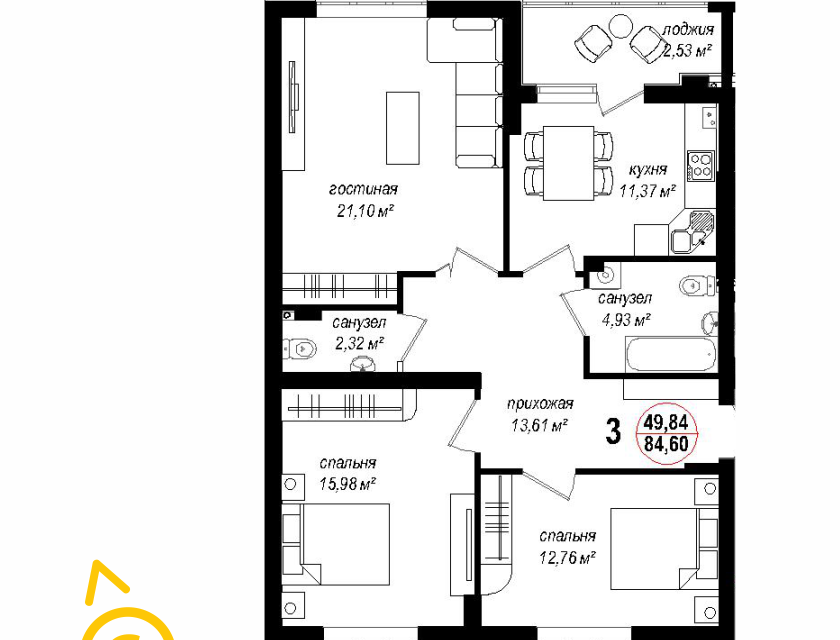 Продаётся 3-комнатная квартира, 84.9 м²