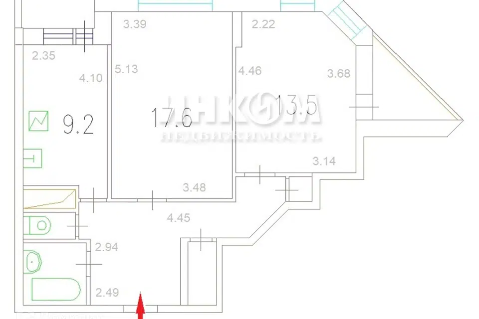 Продаётся 2-комнатная квартира, 57.5 м²