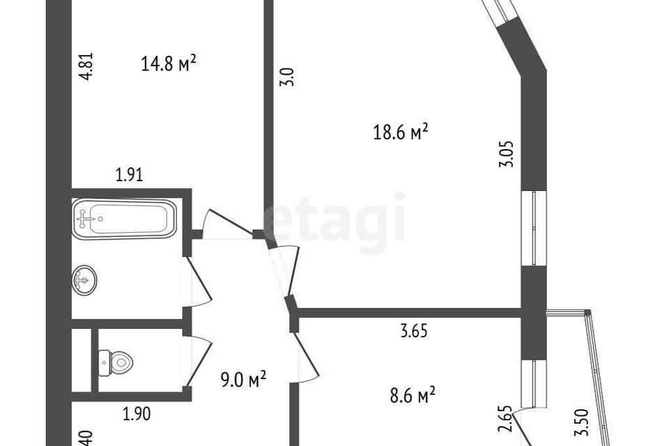 Продаётся 2-комнатная квартира, 59 м²