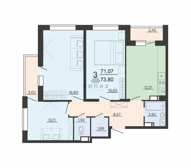 Продаётся 3-комнатная квартира, 73.8 м²
