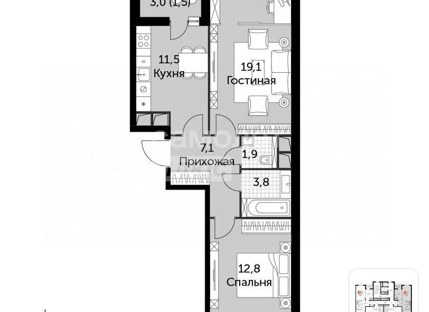 Продаётся 2-комнатная квартира, 56 м²