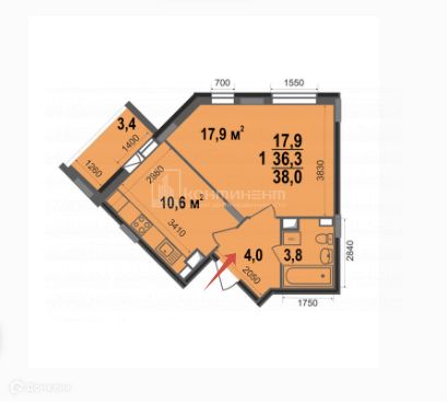 Продаётся 1-комнатная квартира, 38 м²