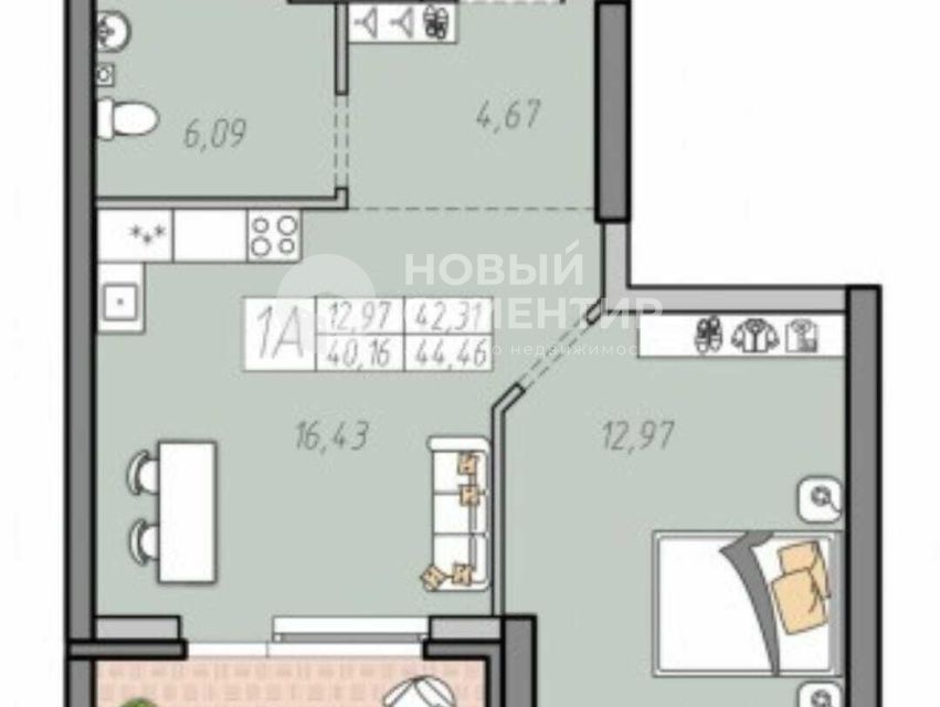Продаётся 1-комнатная квартира, 42.3 м²