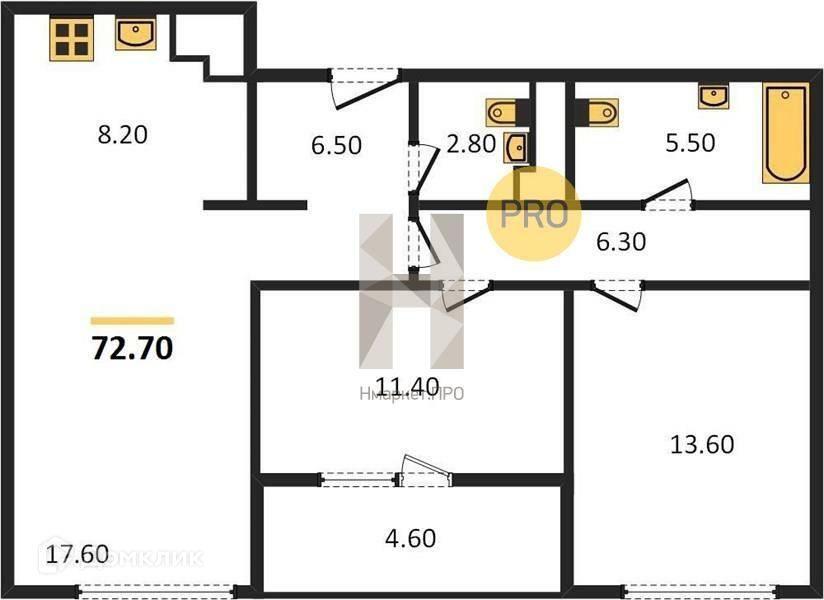 Продаётся 2-комнатная квартира, 70.7 м²