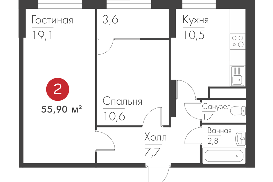 Продаётся 2-комнатная квартира, 55.7 м²
