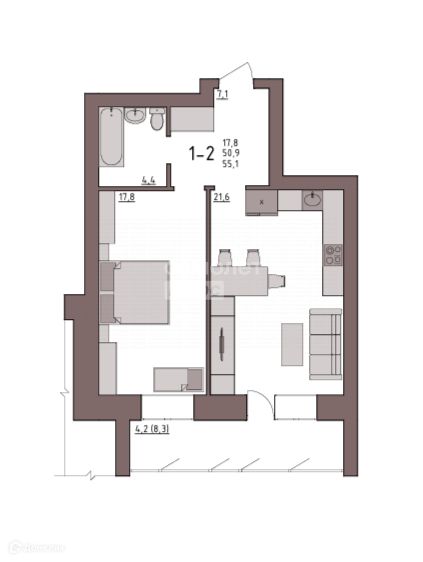 Продаётся 1-комнатная квартира, 55.1 м²