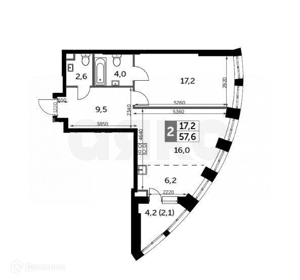 Продаётся 2-комнатная квартира, 57.6 м²