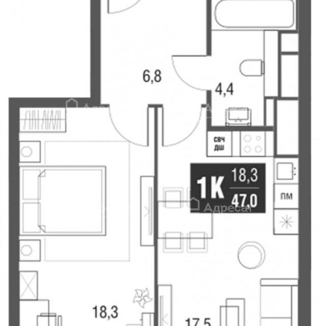 Продаётся 1-комнатная квартира, 47 м²