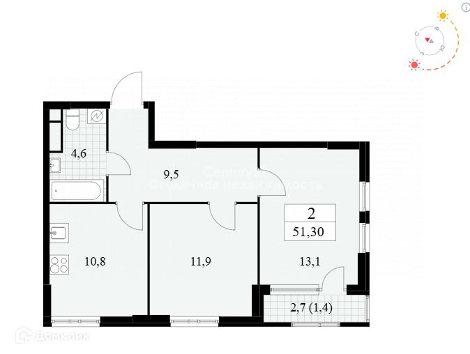 Продаётся 2-комнатная квартира, 51.3 м²