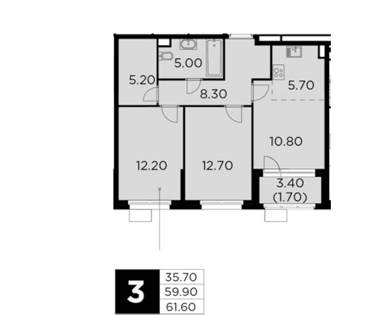 Продаётся 2-комнатная квартира, 61.6 м²