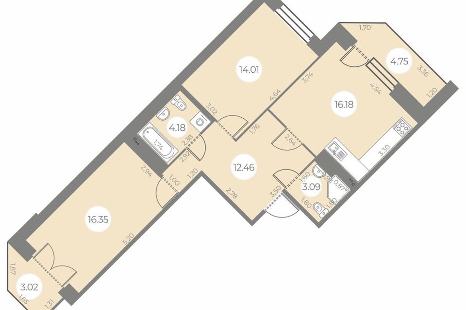 Продаётся 2-комнатная квартира, 70.15 м²