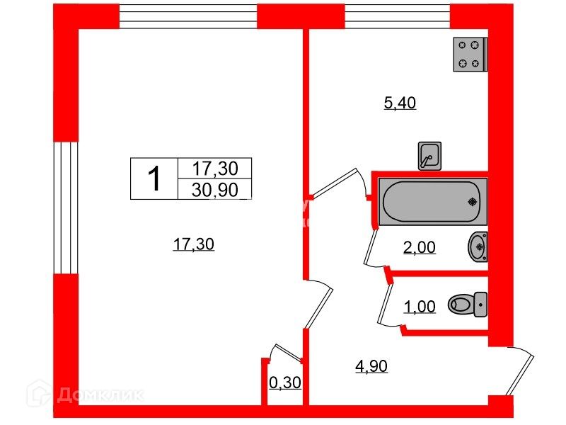 Продаётся 1-комнатная квартира, 30.9 м²