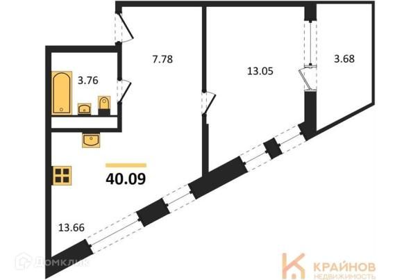 Продаётся 1-комнатная квартира, 40.09 м²