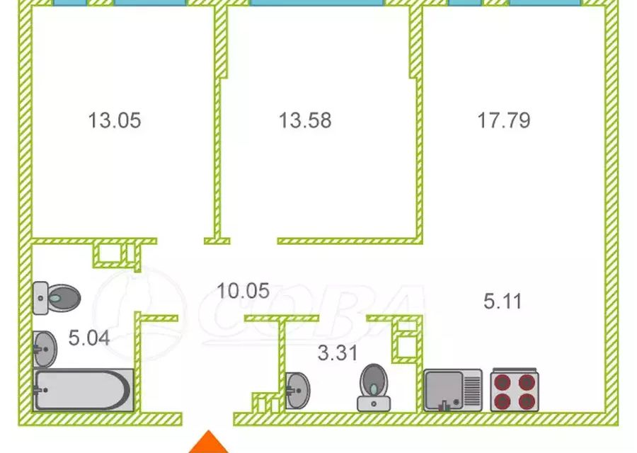 Продаётся 3-комнатная квартира, 67.9 м²